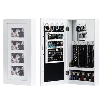 AEELLEEA 24.4"×12.2"×3.54" Wall Mounted Jewelry Armoire, Photo Frame Door Mirrored Jewellery Storage Cabinet