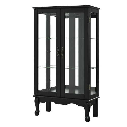 AEELLEEA Black Curio Display Cabinet with Tempered Glass Doors, Adjustable Shelves & Acrylic Mirror Back Panel