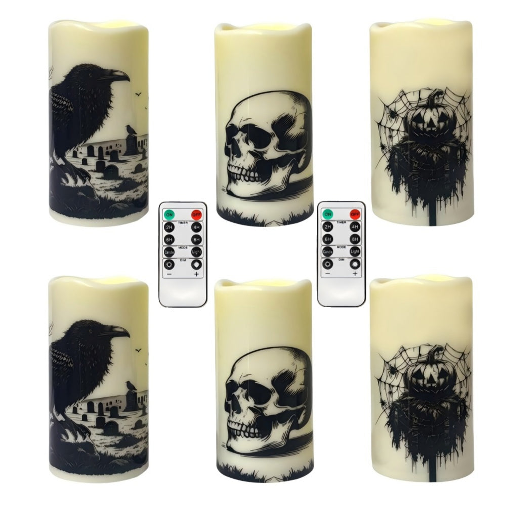 Halloween LED Flameless Flickering Candles,Horror stickers such as skeletons, spider webs, crows, ravens, etc., Halloween-themed indoor decorations (3-piece set, diameter 3 inches x height 6 inches)