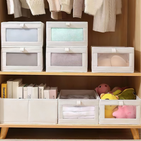 4 Pack Foldable Fabric Storage Bins with Clear Window, Collapsible Closet Organizer with Pull Tabs, Washable Storage Boxes for Toys Clothes Wardrobe