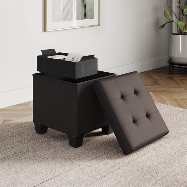 AEELLEEA 15" Folding Storage Ottoman with Removable Organizer Bin, Tufted Cushioned Seat, Dark Brown