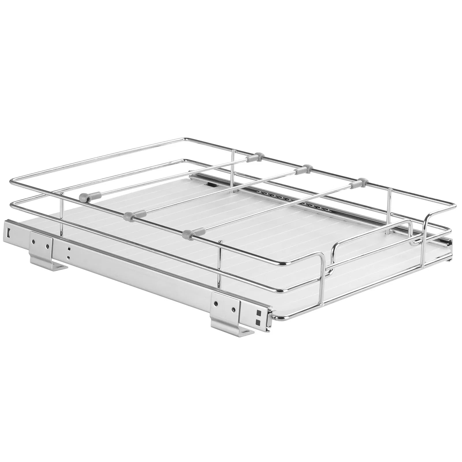16.5" Pull Out Cabinet Organizer with Adjustable Dividers, Ball Bearing Slide Out Storage Basket with Frosted Pad, Chrome Metal Drawer for Kitchen Pantry Bathroom Under Sink