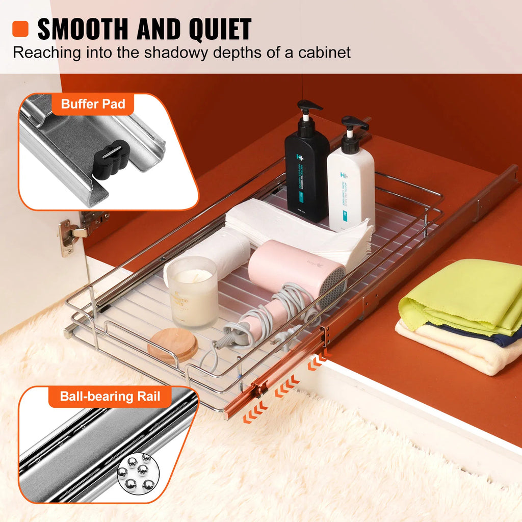 16.5" Pull Out Cabinet Organizer with Adjustable Dividers, Ball Bearing Slide Out Storage Basket with Frosted Pad, Chrome Metal Drawer for Kitchen Pantry Bathroom Under Sink