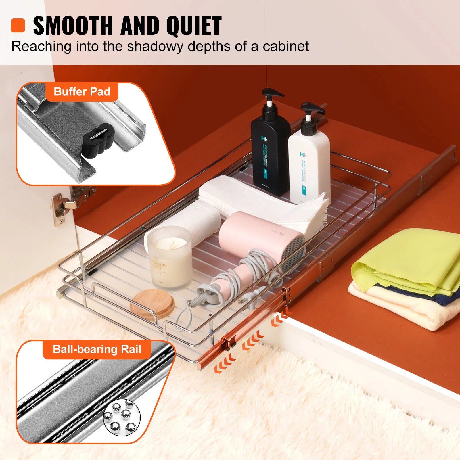 16.5" Pull Out Cabinet Organizer with Adjustable Dividers, Ball Bearing Slide Out Storage Basket with Frosted Pad, Chrome Metal Drawer for Kitchen Pantry Bathroom Under Sink