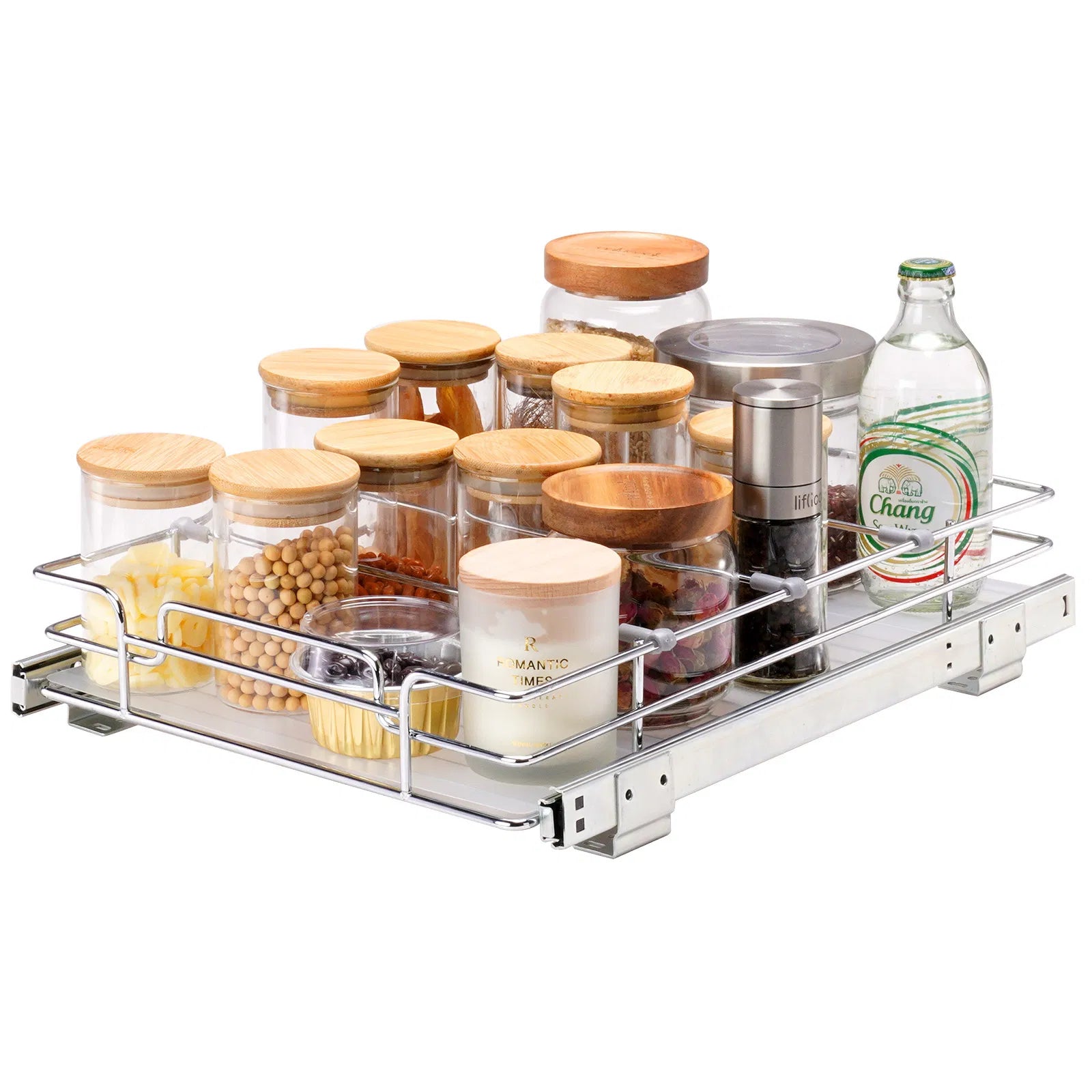 16.5" Pull Out Cabinet Organizer with Adjustable Dividers, Ball Bearing Slide Out Storage Basket with Frosted Pad, Chrome Metal Drawer for Kitchen Pantry Bathroom Under Sink