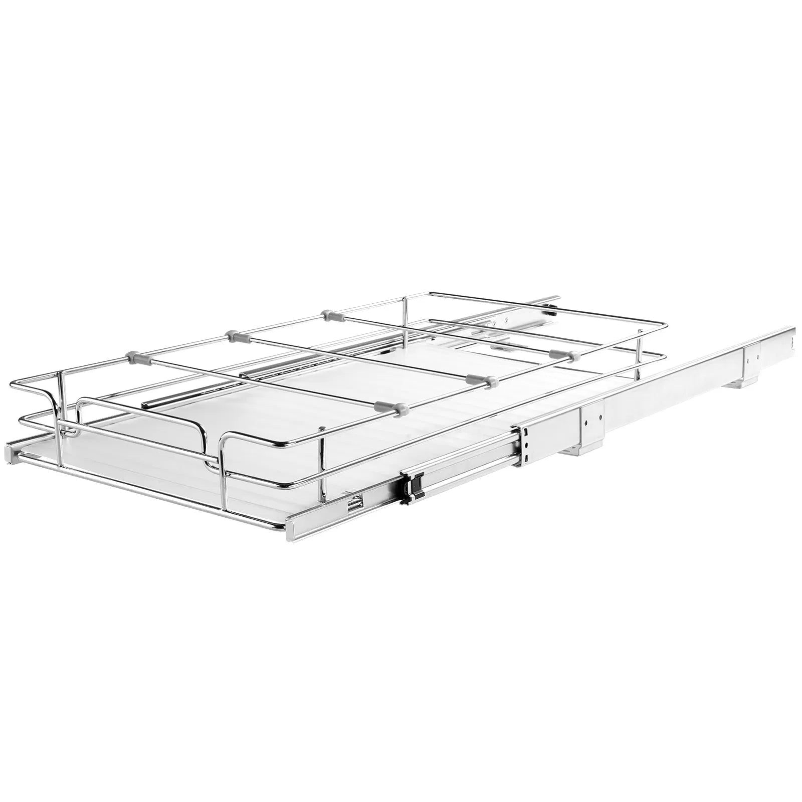 16.5" Pull Out Cabinet Organizer with Adjustable Dividers, Ball Bearing Slide Out Storage Basket with Frosted Pad, Chrome Metal Drawer for Kitchen Pantry Bathroom Under Sink