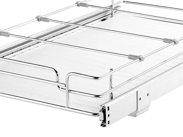 16.5" Pull Out Cabinet Organizer with Adjustable Dividers, Ball Bearing Slide Out Storage Basket with Frosted Pad, Chrome Metal Drawer for Kitchen Pantry Bathroom Under Sink