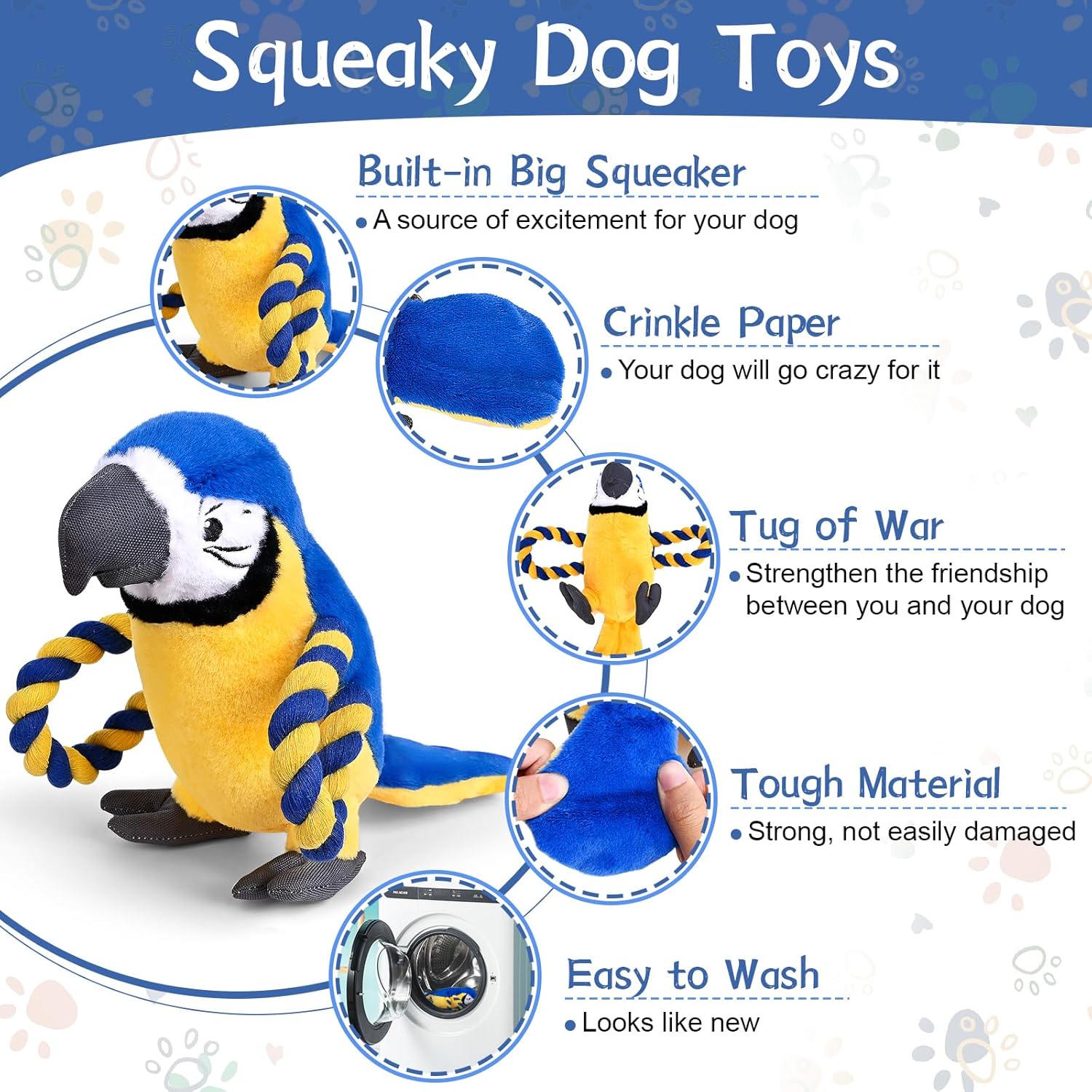 Squeaky Parrot Dog Toy with Rope Wings, Tug of War & Chew Interactive Plush Bird Toy for Small Medium Dogs, Indoor Puppy Play