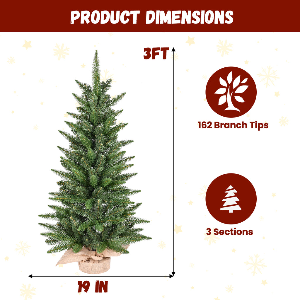 3FT Artificial Christmas Tree, 162 Branch Tips PE PVC Mixed Unlit Pine Tree with Burlap Base, Realistic Holiday Decor for Home Office