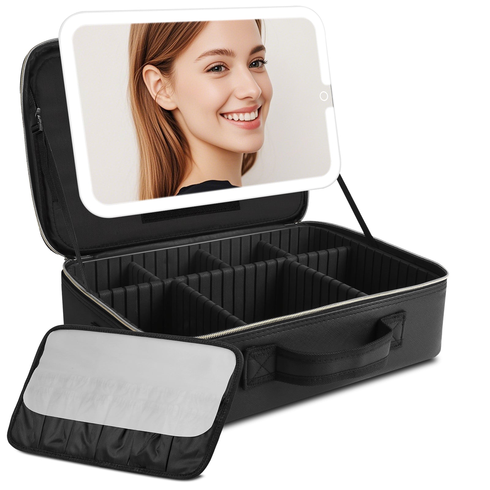 15" Lighted Makeup Organizer 3Color Mirror Adjustable Dividers Travel Ready