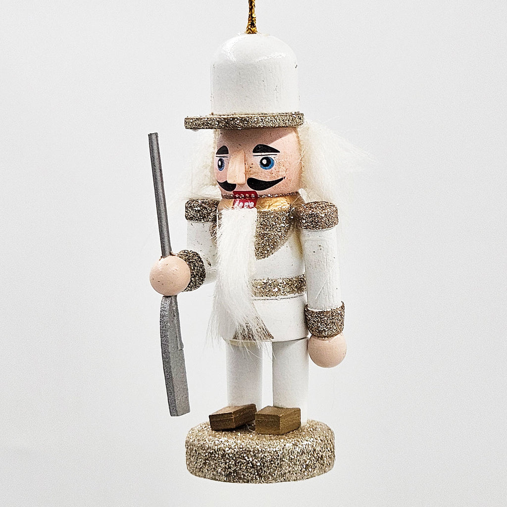 AEELLEEA 5 Inch White Gold Wooden Nutcracker Ornaments, Christmas Tree Hanging Soldier Decor, Set of 4