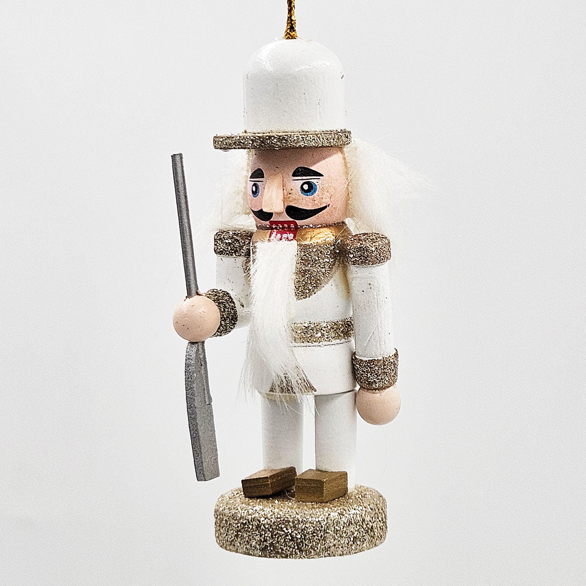 AEELLEEA 5 Inch White Gold Wooden Nutcracker Ornaments, Christmas Tree Hanging Soldier Decor, Set of 4