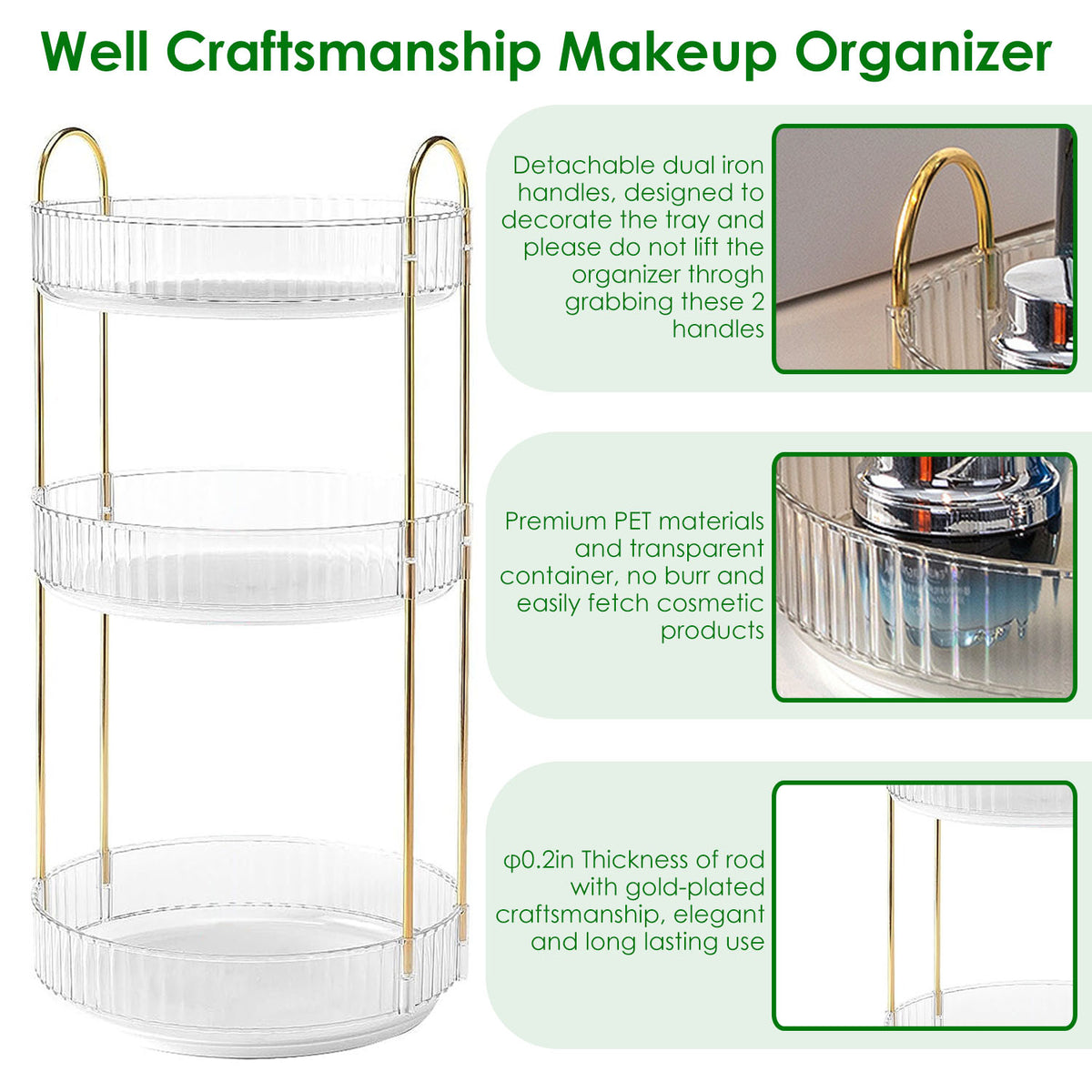 Aeelleea 3-Tier Rotating Makeup Organizer, Round White Cosmetic Storage Tray, 360° Spinning Skincare Holder for Bathroom Vanity
