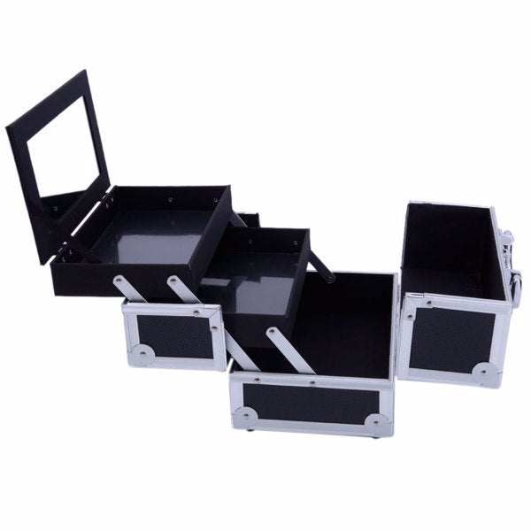 Portable Diamond Texture Aluminum Makeup Storage Bag with Mirror & Key Black