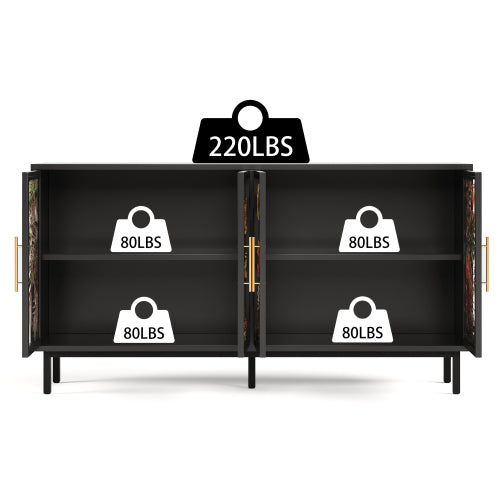 60" Painted Glass Sideboard Cabinet, Black Art Storage with 4 Doors Gold Handles, Tropical Buffet for Living Room Dining Room