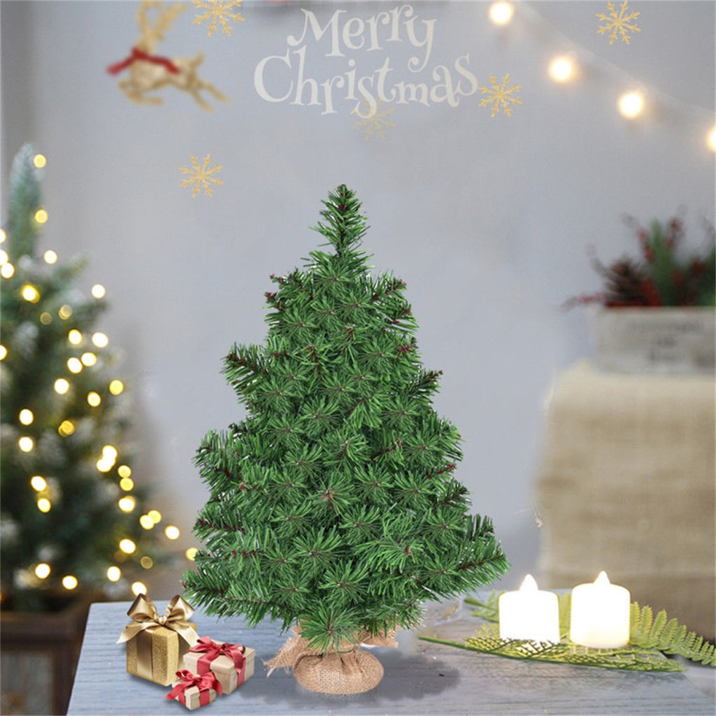 AEELLEEA- 2ft Unlit Artificial Green Mini Christmas Tree, Full PVC Foliage, Cement Base with Linen Cover, Easy Assembly