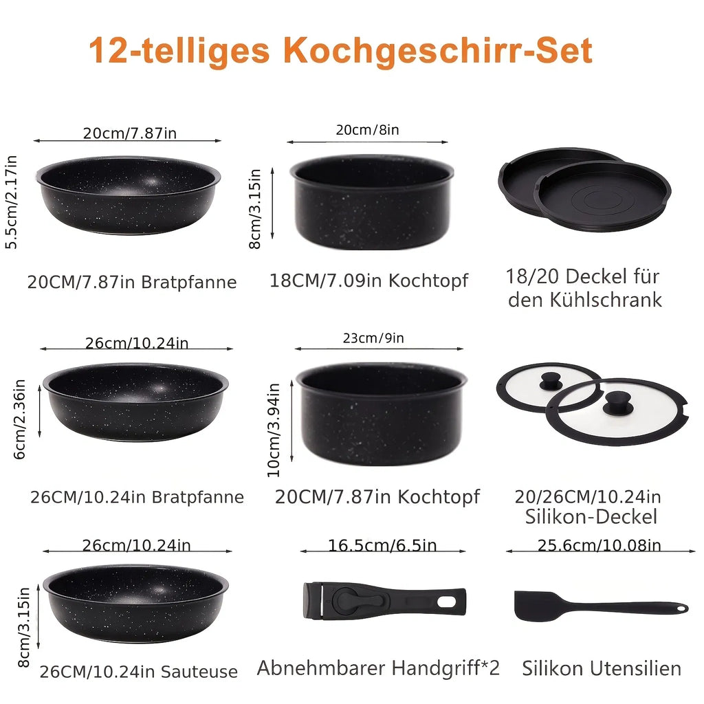 12-Piece Nonstick Cookware Set with Detachable Handles, Ceramic Coated Pots and Pans for Kitchen, Camping and RV
