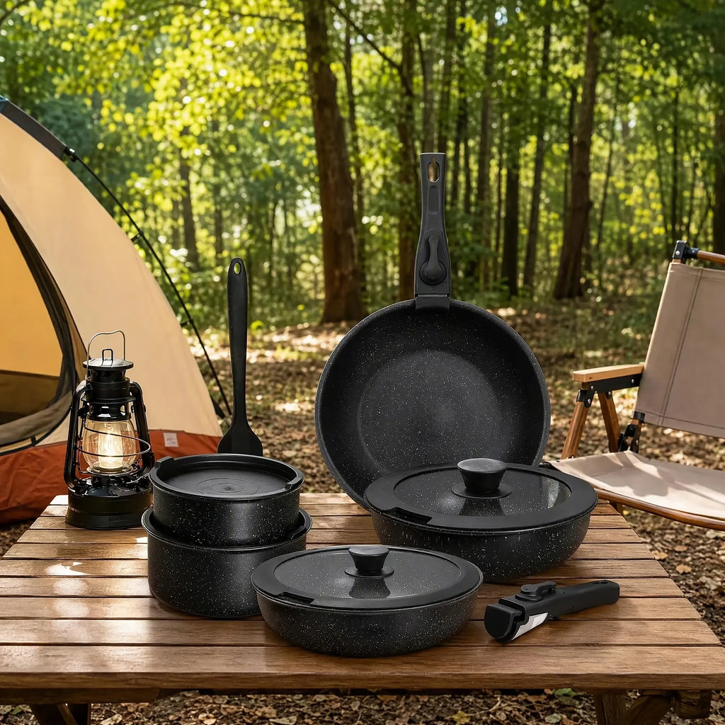 12-Piece Nonstick Cookware Set with Detachable Handles, Ceramic Coated Pots and Pans for Kitchen, Camping and RV
