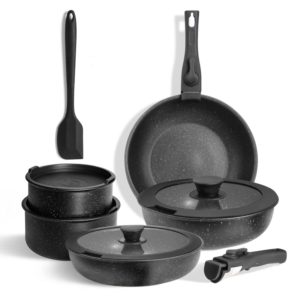 12-Piece Nonstick Cookware Set with Detachable Handles, Ceramic Coated Pots and Pans for Kitchen, Camping and RV