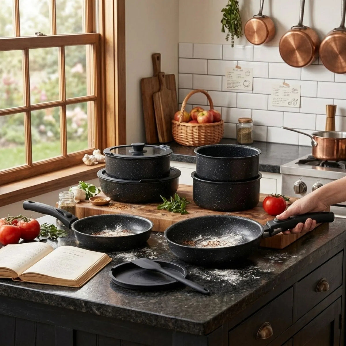 12-Piece Nonstick Cookware Set with Detachable Handles, Ceramic Coated Pots and Pans for Kitchen, Camping and RV