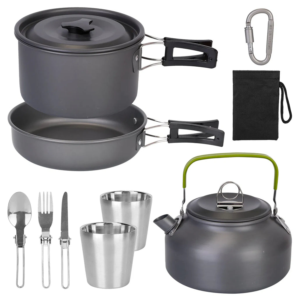 12Pcs Camping Cookware Set, Lightweight Anodized Aluminum Pot Pan Kettle with Cups & Cutlery for Outdoor Cooking