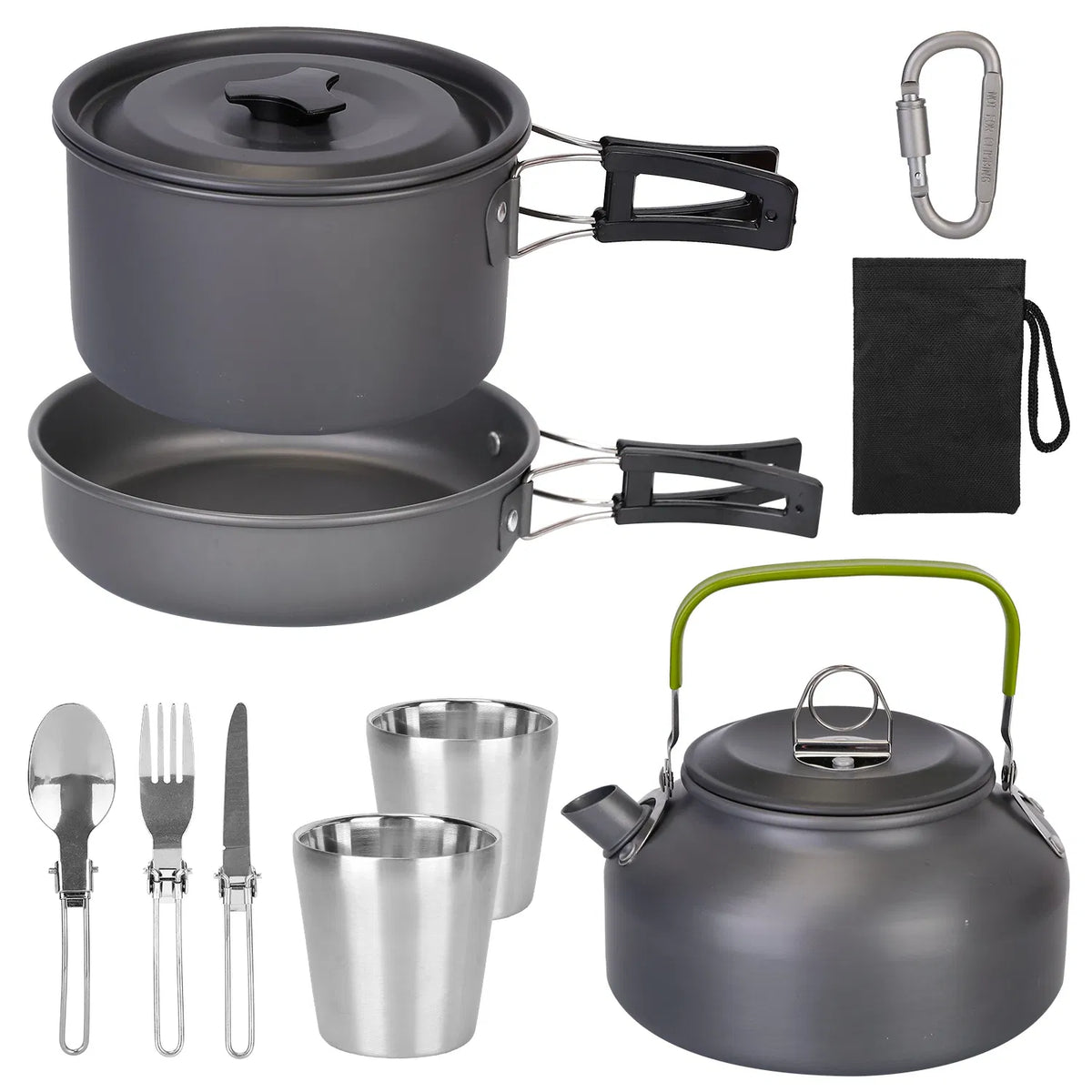 12Pcs Camping Cookware Set, Lightweight Anodized Aluminum Pot Pan Kettle with Cups & Cutlery for Outdoor Cooking