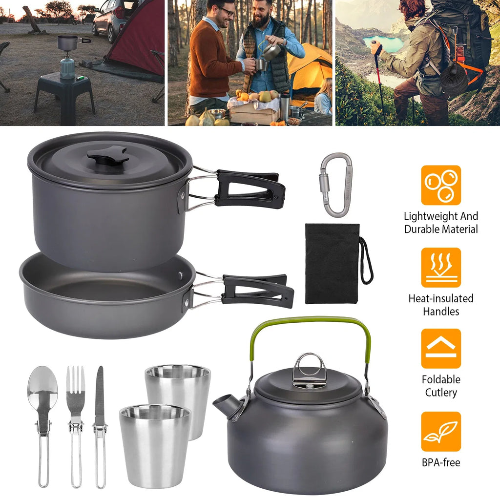 12Pcs Camping Cookware Set, Lightweight Anodized Aluminum Pot Pan Kettle with Cups & Cutlery for Outdoor Cooking
