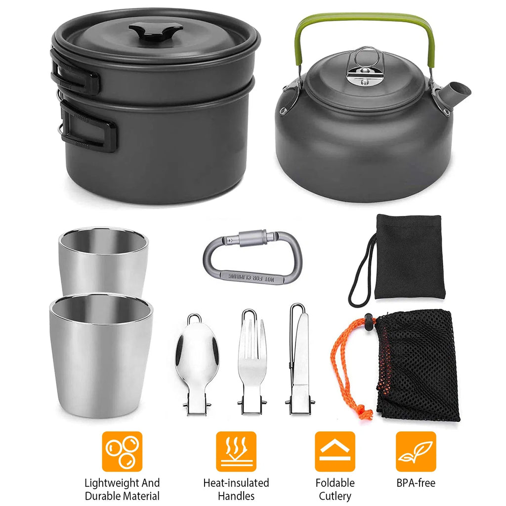 12Pcs Camping Cookware Set, Lightweight Anodized Aluminum Pot Pan Kettle with Cups & Cutlery for Outdoor Cooking
