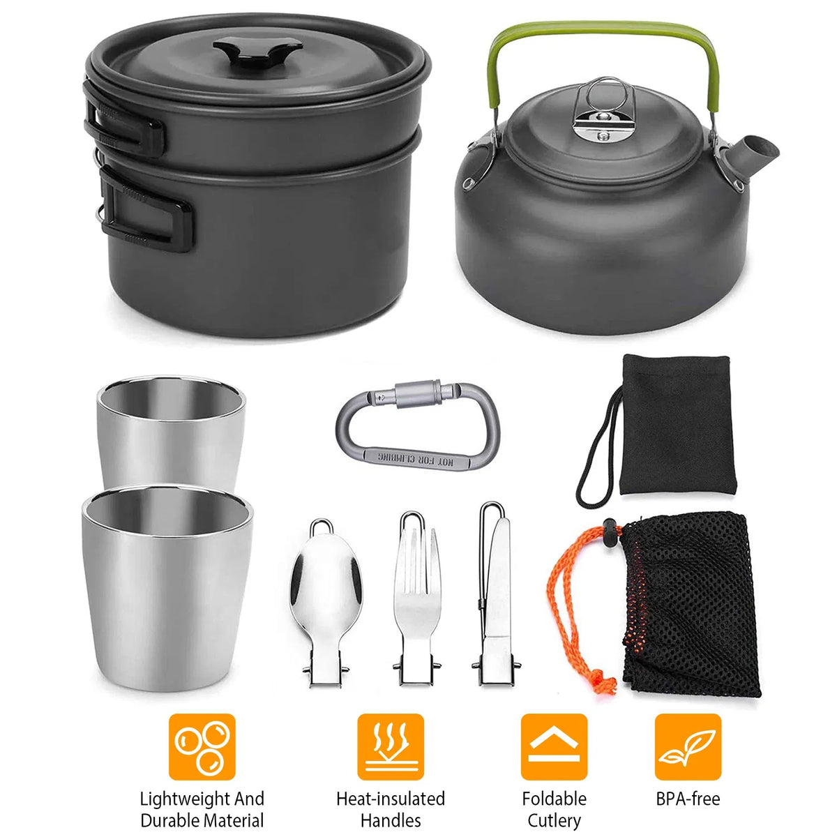 12Pcs Camping Cookware Set, Lightweight Anodized Aluminum Pot Pan Kettle with Cups & Cutlery for Outdoor Cooking