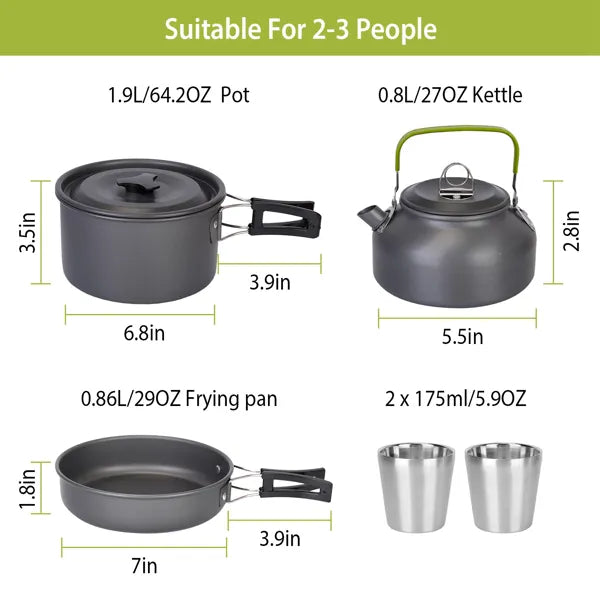 Aeelleea 12Pcs Camping Cookware Set, Portable Aluminum Outdoor Cooking Kit with Pot Pan Cup Cutlery for Hiking Picnic Backpacking
