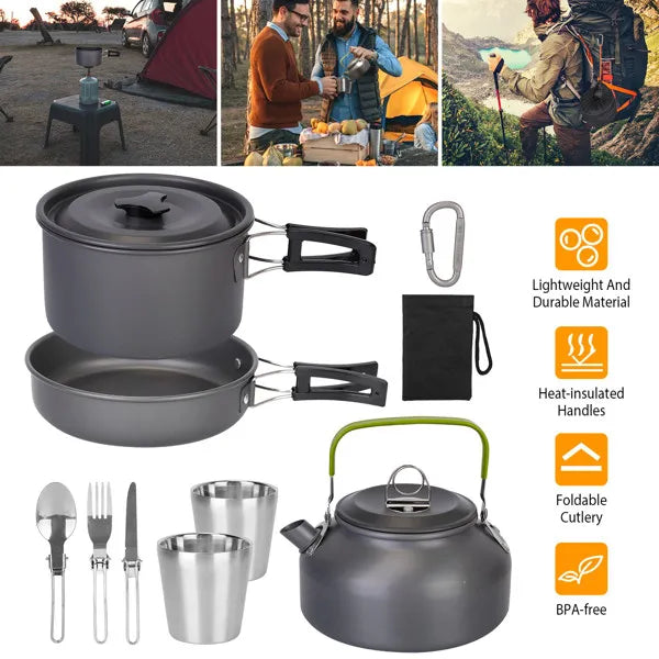 Aeelleea 12Pcs Camping Cookware Set, Portable Aluminum Outdoor Cooking Kit with Pot Pan Cup Cutlery for Hiking Picnic Backpacking