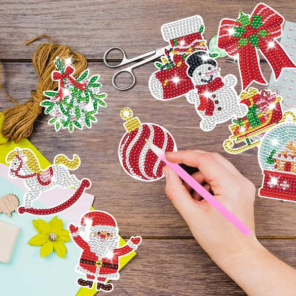 Aeelleea 12Pcs Christmas Diamond Painting Kit, DIY Gem Art Picks with Santa Snowman Gingerbread Man, Garden Plant Stakes for Holiday Craft Gift