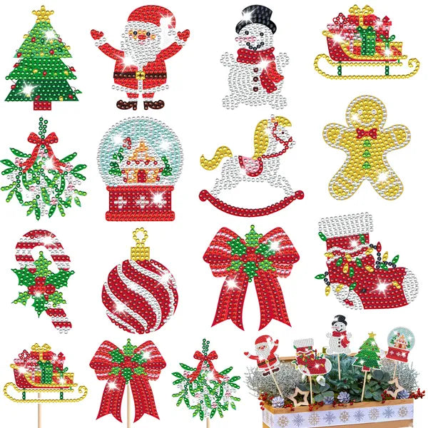 Aeelleea 12Pcs Christmas Diamond Painting Kit, DIY Gem Art Picks with Santa Snowman Gingerbread Man, Garden Plant Stakes for Holiday Craft Gift