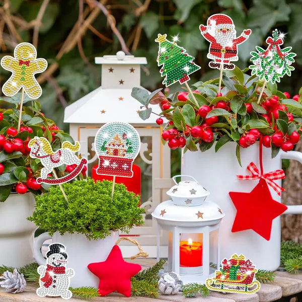 Aeelleea 12Pcs Christmas Diamond Painting Kit, DIY Gem Art Picks with Santa Snowman Gingerbread Man, Garden Plant Stakes for Holiday Craft Gift