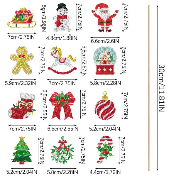 Aeelleea 12Pcs Christmas Diamond Painting Kit, DIY Gem Art Picks with Santa Snowman Gingerbread Man, Garden Plant Stakes for Holiday Craft Gift
