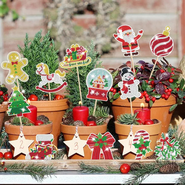 Aeelleea 12Pcs Christmas Diamond Painting Kit, DIY Gem Art Picks with Santa Snowman Gingerbread Man, Garden Plant Stakes for Holiday Craft Gift