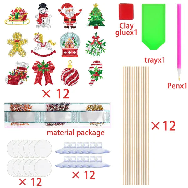 Aeelleea 12Pcs Christmas Diamond Painting Kit, DIY Gem Art Picks with Santa Snowman Gingerbread Man, Garden Plant Stakes for Holiday Craft Gift