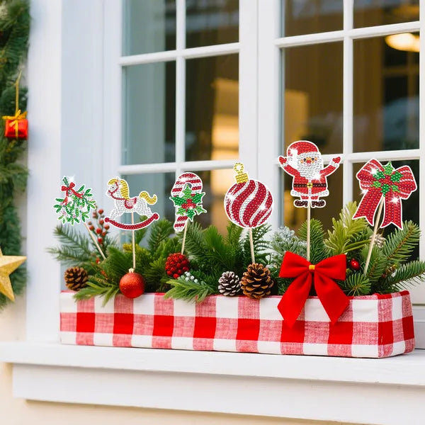 Aeelleea 12Pcs Christmas Diamond Painting Kit, DIY Gem Art Picks with Santa Snowman Gingerbread Man, Garden Plant Stakes for Holiday Craft Gift