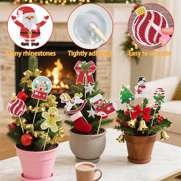 Aeelleea 12Pcs Christmas Diamond Painting Kit, DIY Gem Art Picks with Santa Snowman Gingerbread Man, Garden Plant Stakes for Holiday Craft Gift