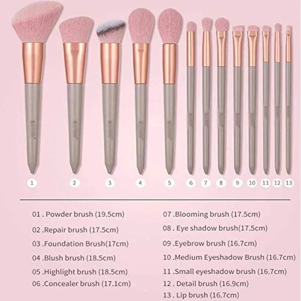 13pc Makeup Brush Set for Face & Eyes, Soft Fiber Bristles, Wood Handles, Aluminum Ferrules with Velvet Travel Pouch, Pink