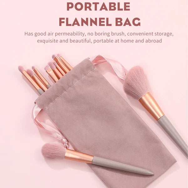 13pc Makeup Brush Set for Face & Eyes, Soft Fiber Bristles, Wood Handles, Aluminum Ferrules with Velvet Travel Pouch, Pink