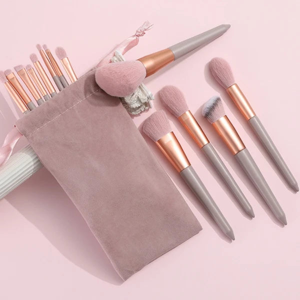 13pc Makeup Brush Set for Face & Eyes, Soft Fiber Bristles, Wood Handles, Aluminum Ferrules with Velvet Travel Pouch, Pink