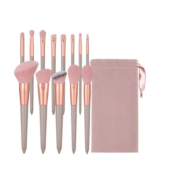 13pc Makeup Brush Set for Face & Eyes, Soft Fiber Bristles, Wood Handles, Aluminum Ferrules with Velvet Travel Pouch, Pink