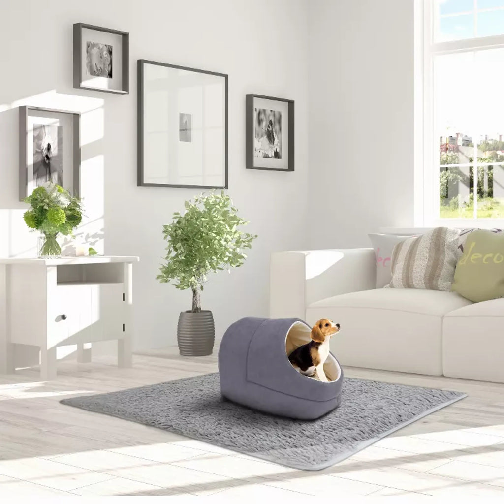Cozy Cat Cave Bed for Indoor Cats & Small Dogs, Faux Suede Covered Pet Bed with Anti-Skid Bottom, Gray, 18" x 14" x 12