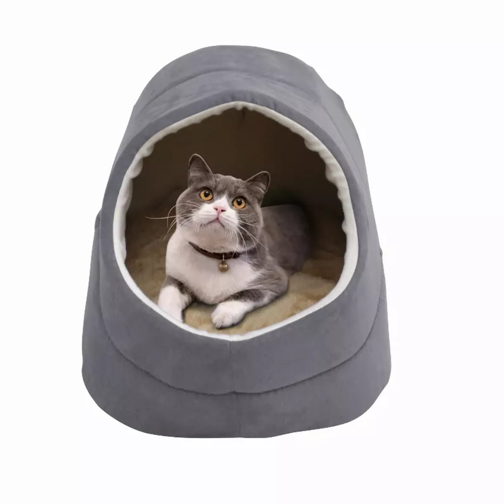 Cozy Cat Cave Bed for Indoor Cats & Small Dogs, Faux Suede Covered Pet Bed with Anti-Skid Bottom, Gray, 18" x 14" x 12