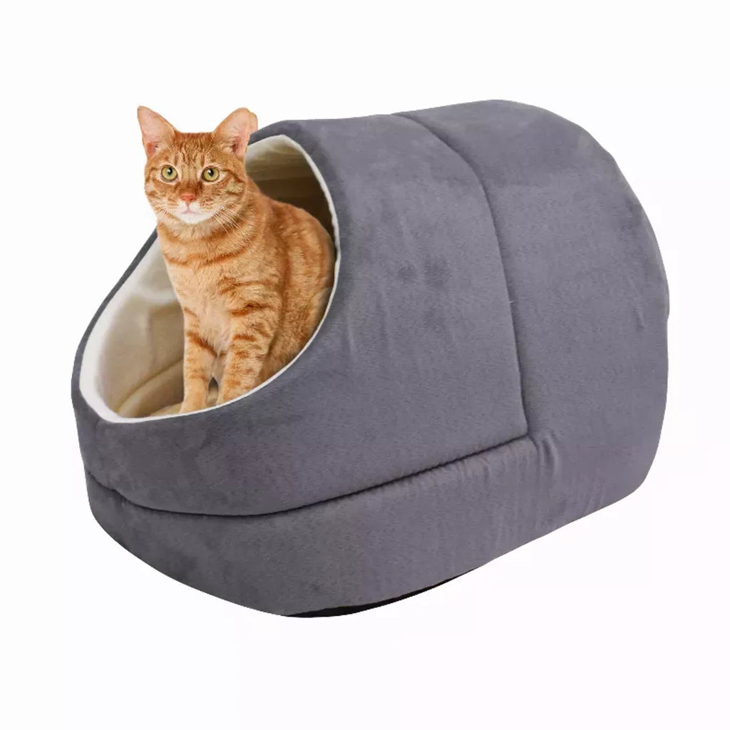 Cozy Cat Cave Bed for Indoor Cats & Small Dogs, Faux Suede Covered Pet Bed with Anti-Skid Bottom, Gray, 18" x 14" x 12