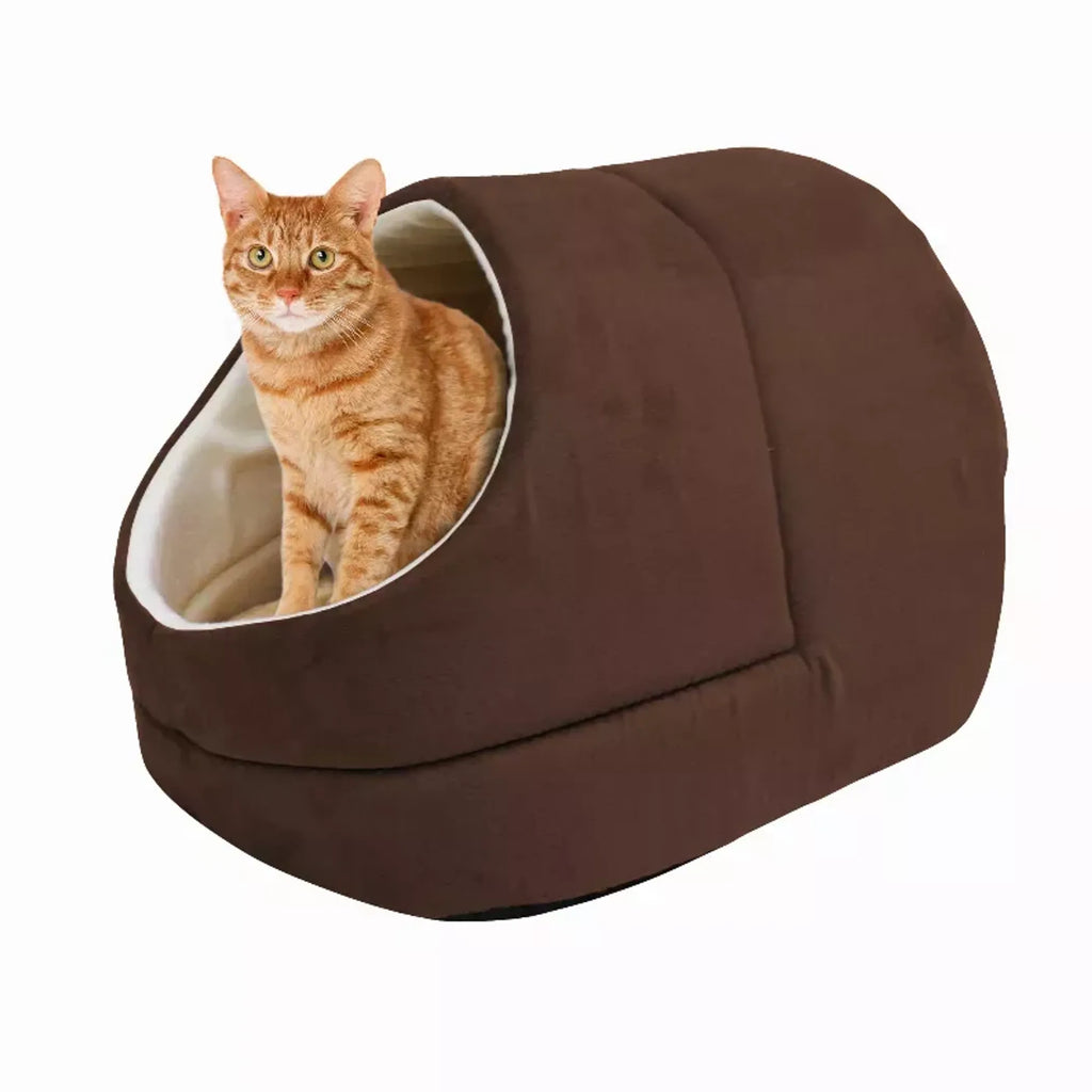 Cozy Cat Cave Bed for Indoor Cats & Small Dogs, Faux Suede Covered Pet Bed with Anti-Skid Bottom, Coffee, 18" x 14" x 12"