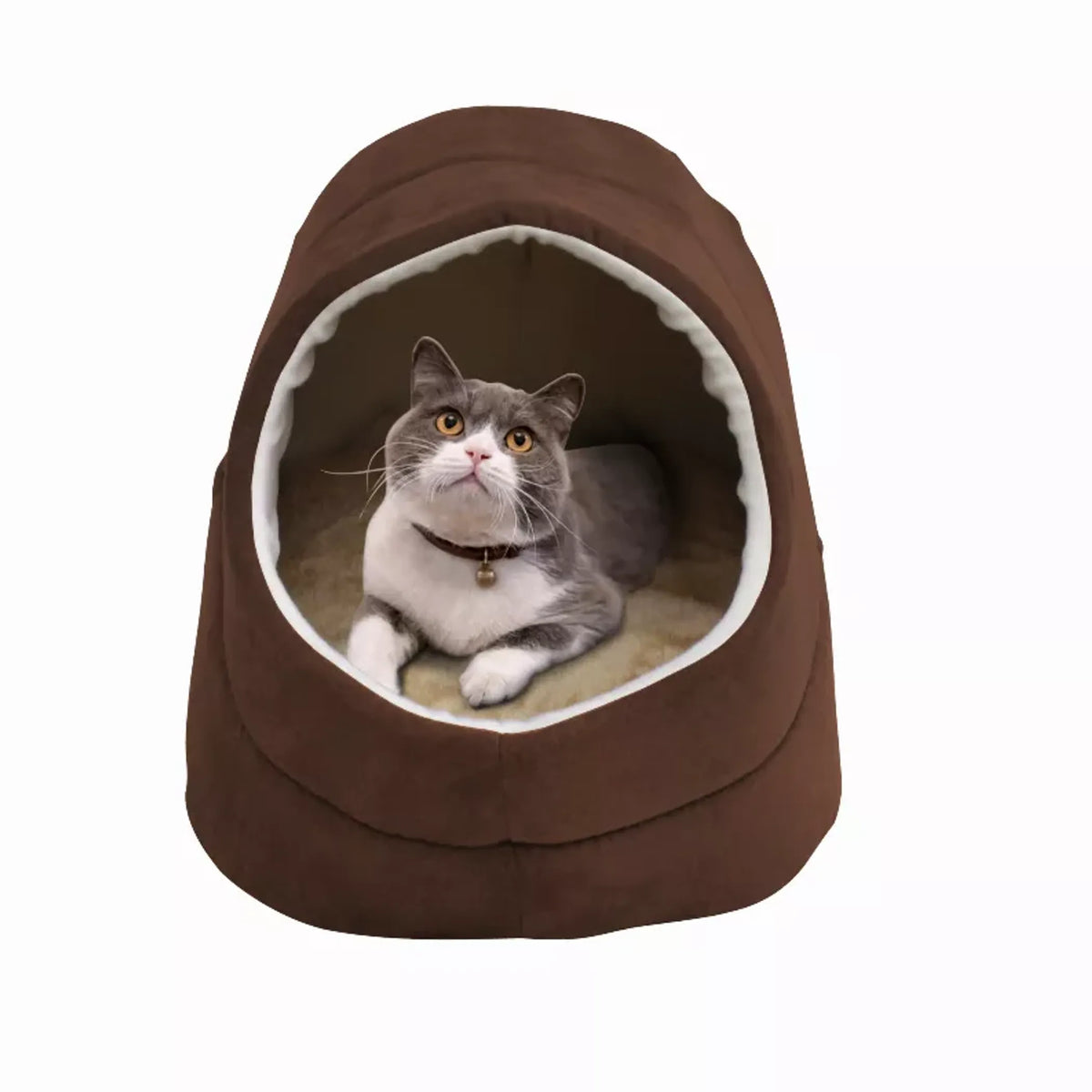 Cozy Cat Cave Bed for Indoor Cats & Small Dogs, Faux Suede Covered Pet Bed with Anti-Skid Bottom, Coffee, 18" x 14" x 12"
