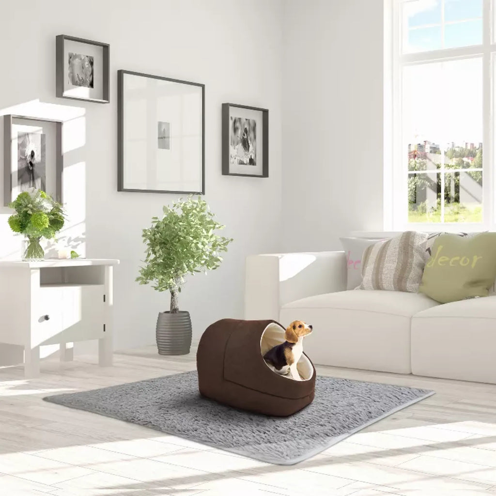 Cozy Cat Cave Bed for Indoor Cats & Small Dogs, Faux Suede Covered Pet Bed with Anti-Skid Bottom, Coffee, 18" x 14" x 12"