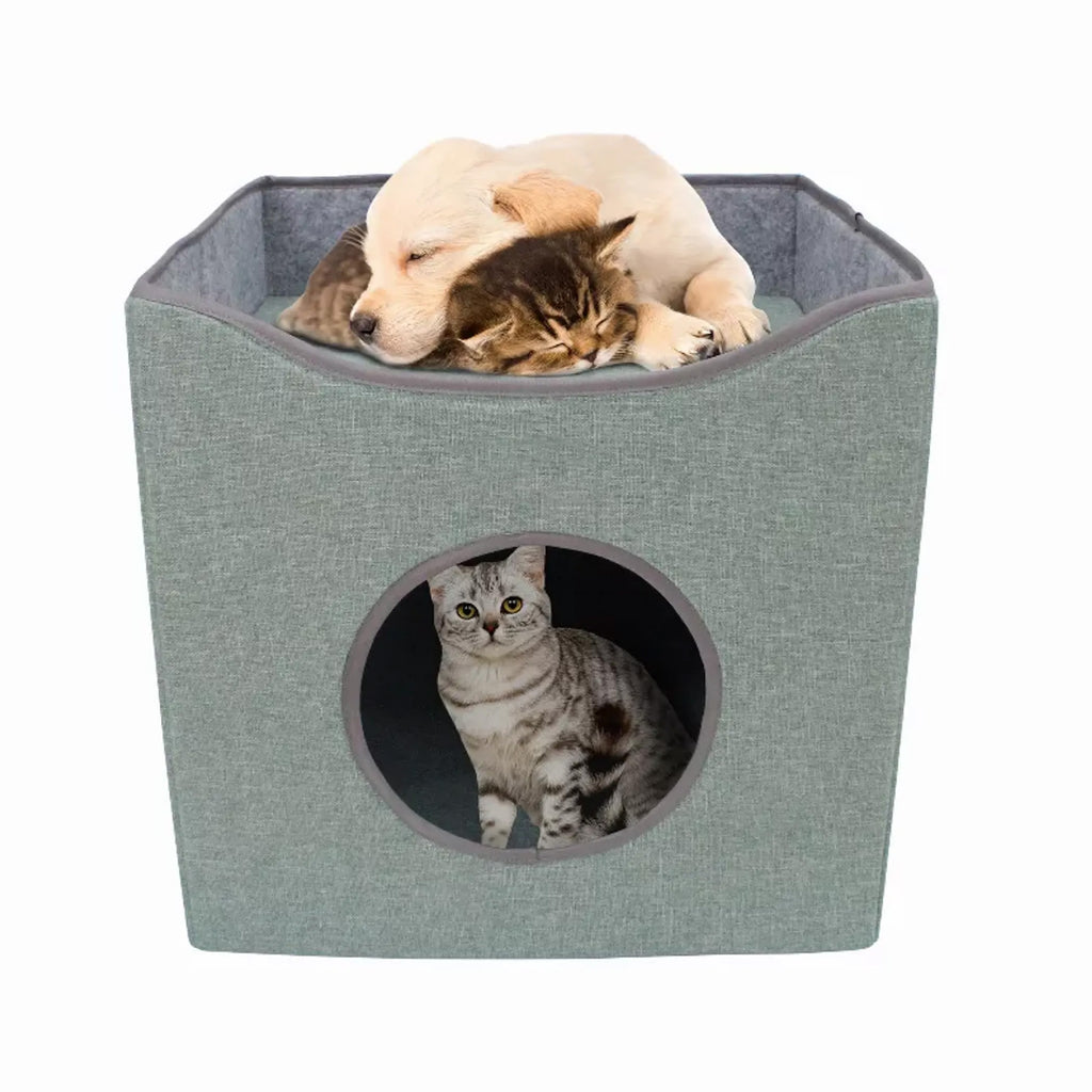 Foldable Cat Condo Cube House with Reversible Cushion, Indoor Cat Cave Bed & Hideaway, Green, 15.5" x 15.5" x 15"